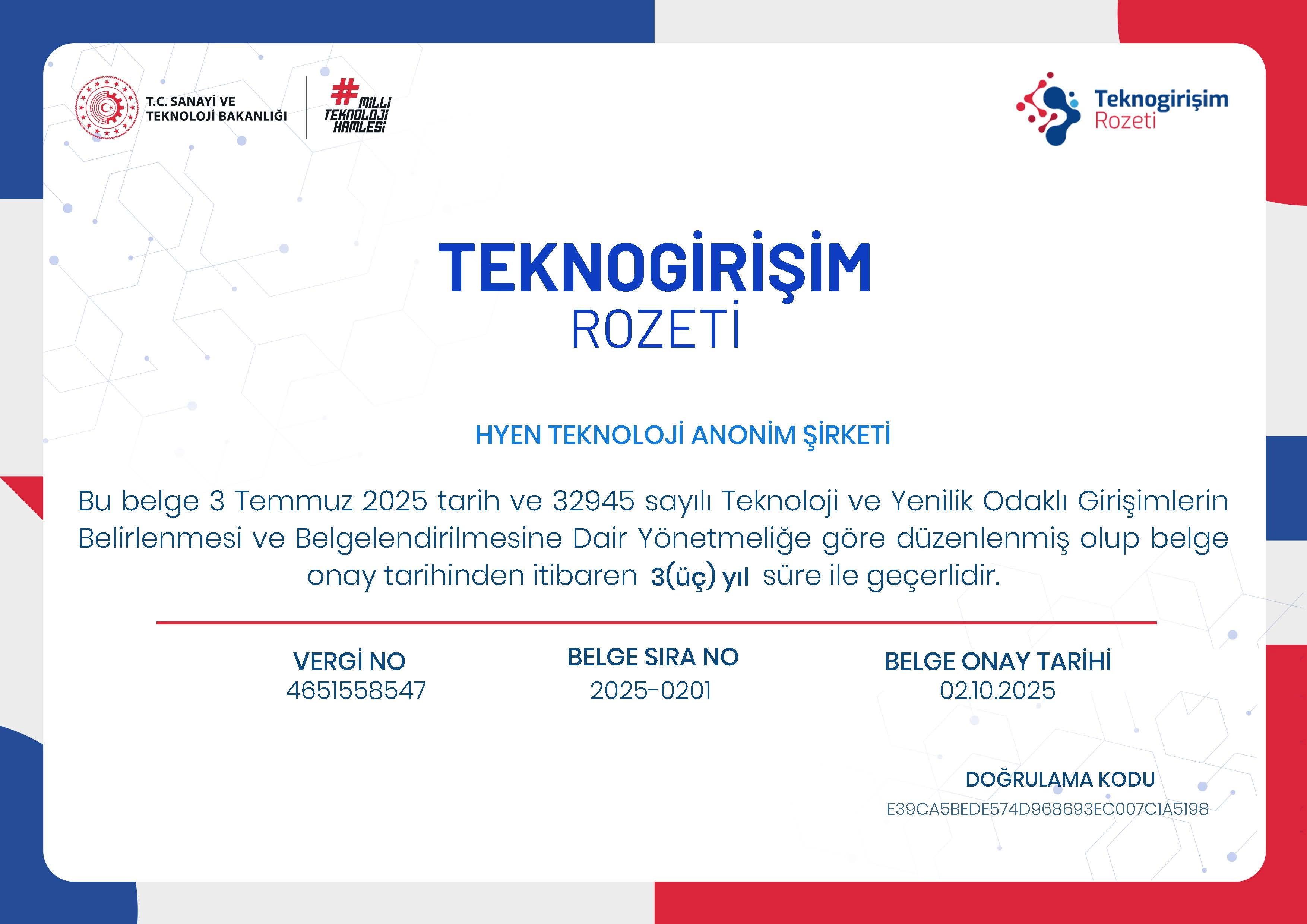 HYEN Technology Recognized with the Techno-Entrepreneurship Badge, Joining Turkey’s Leading Innovation Pioneers